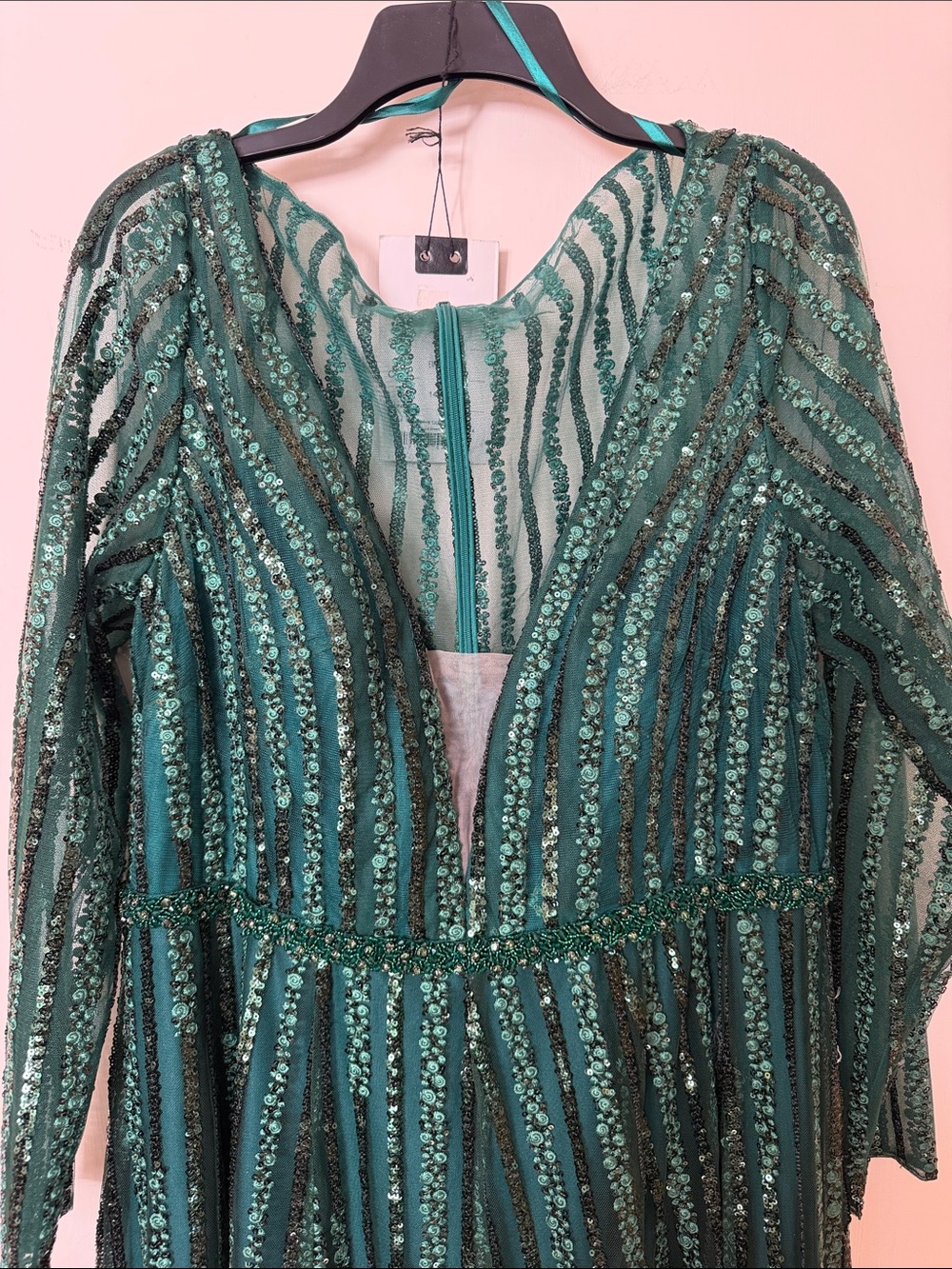 Mac Duggal Teal Green Striped Sequin Long Sleeve Gown